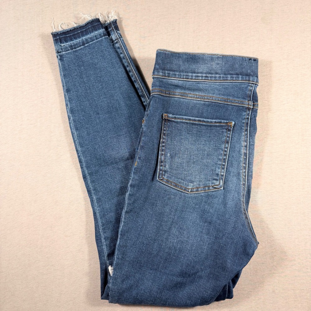 Spanx Womens Ankle Skinny Jeans Medium Wash Raw Hem Pull On Denim Blue Size M